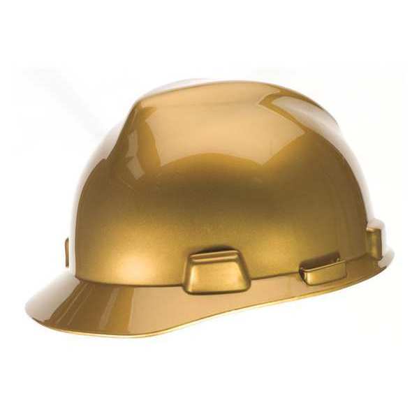 Msa Safety Front Brim Hard Hat, Type 1, Class E, Ratchet (4-Point), Metallic Gold 10101854