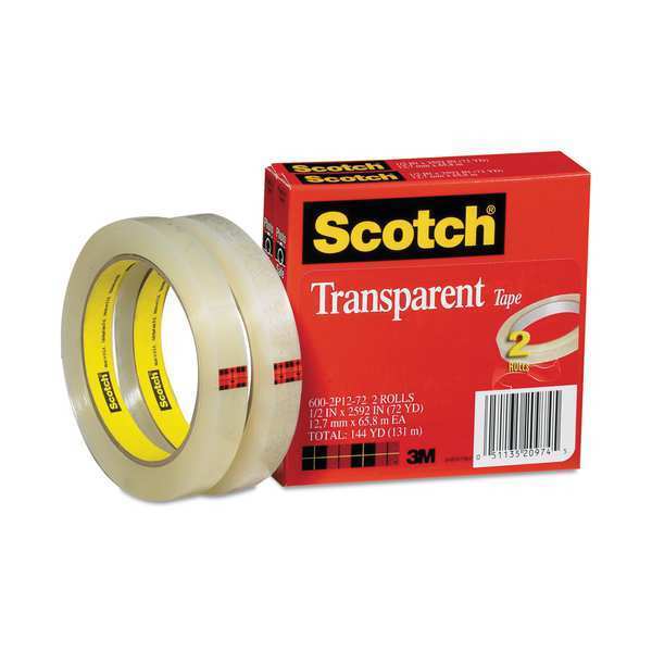 3M Transparent Tape, 1/2 x 2592 in., PK2 600-2P12-72