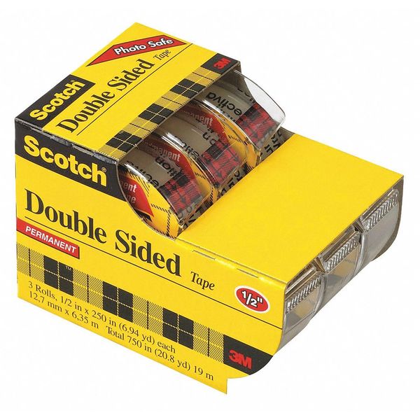 Scotch Double Sided Tape, Permanent, 1/2 in x 250 in, 3 Dispensers/Pack  (3136)