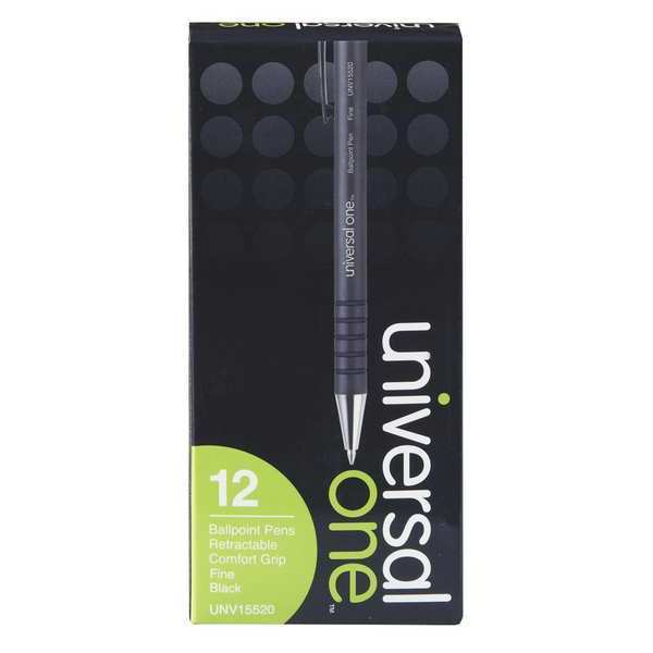 Universal One Comfort Grip Retrctble Pen, Blk, Fine, PK12 UNV15520