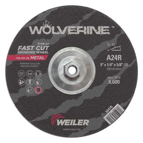 Weiler Grinding Wheel, Type 27, 0.25 in Thick, Aluminum Oxide 56470