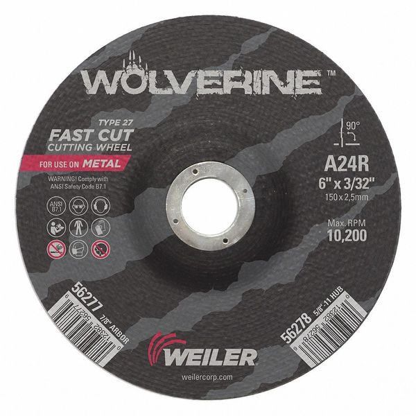 Weiler Cutting Wheel, Type 27, 0.0938 in Thick, Aluminum Oxide 56277