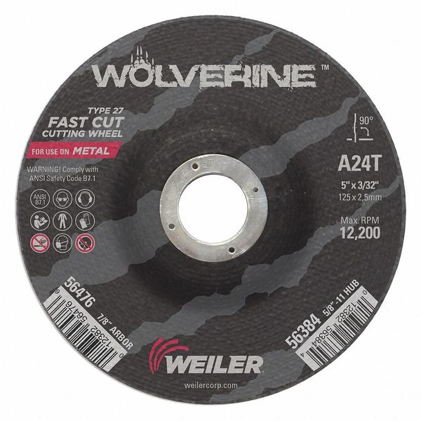 Weiler Cutting Wheel, Type 27, 0.0938 in Thick, Aluminum Oxide 56476