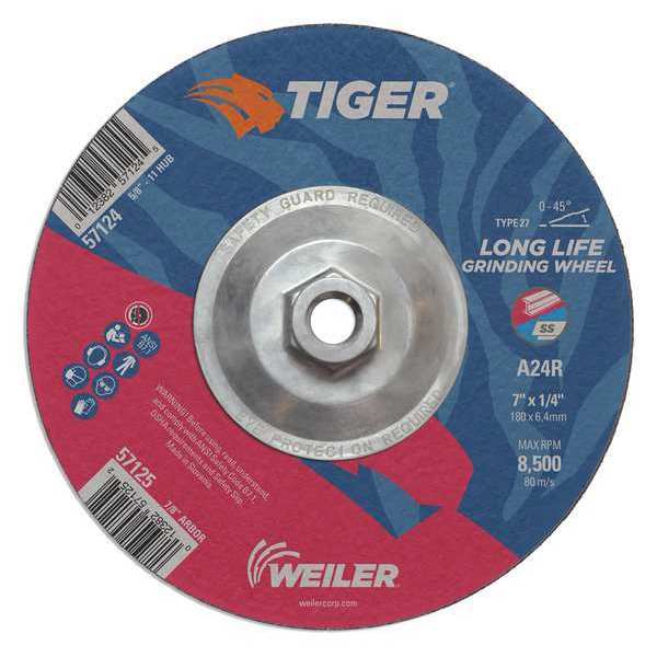 Weiler Grinding Wheel, Type 27, 0.25 in Thick, Aluminum Oxide 57124