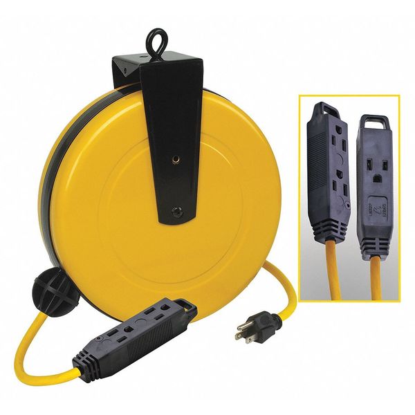 Lumapro Extension Cord Reel, 14 AWG, 30 ft, 13 A, SJTW, 125V AC, NEMA 5-15,  Single Connector, Yellow 436G97