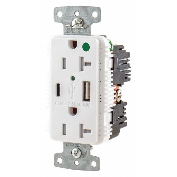 Hubbell USB Charger Receptacle, 20 Amps, 125V AC, Flush Mount, Decorator Duplex Outlet, 5-20R, White USB8300AC5W