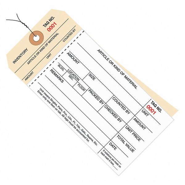 Partners Brand Inventory Tags, 2 Part Carbonless Stub Style #8, Pre-Wired, (0001-0499), 6 1/4" x 3 1/8", White/Manila, 500/Case G19013