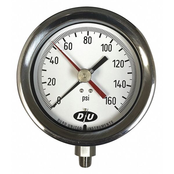 Duro Pressure Gauge, 0 to 100 psi, 1/4 in MNPT, Silver 42070513-MAXHAND