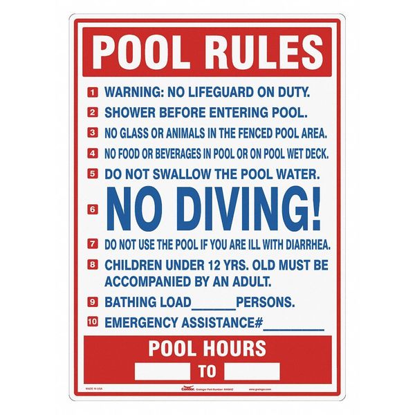 Condor Safety Pool Rules Sign, 28" H, 20" W, 444M42 444M42