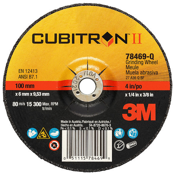 3M Cubitron Depressed Center Wheel, Type 27, 4 in Dia, 0.25 in Thick, 3/8 in Arbor Hole Size, Ceramic Grain DCGW