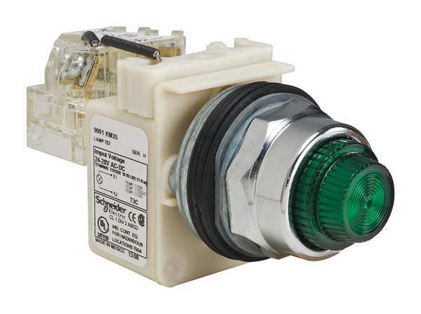 Schneider Electric Push to Test Pilot Light, Green, Incand 9001KT35G31