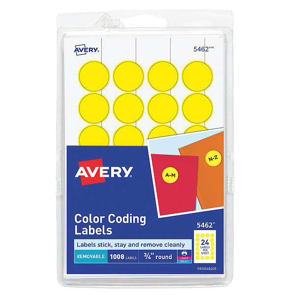 Avery Avery® Yellow Removable Print or Write Color Coding Labels for Laser and Inkjet Printers 5462, 3/4" Round, Pack of 1008 727825462