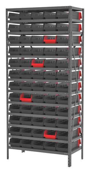 Akro-Mils Steel Bin Shelving, 36 in W x 79 in H x 18 in D, 13 Shelves, Gray/Black/Red AS187936468BK
