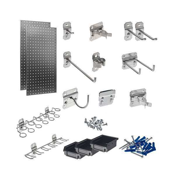 Triton Products (2) 18 In. W x 36 In. Stainless Steel Square Hole Pegboards 32 pc. Stainless LocHook Assortment 3 Hanging Bins LB18-SKit
