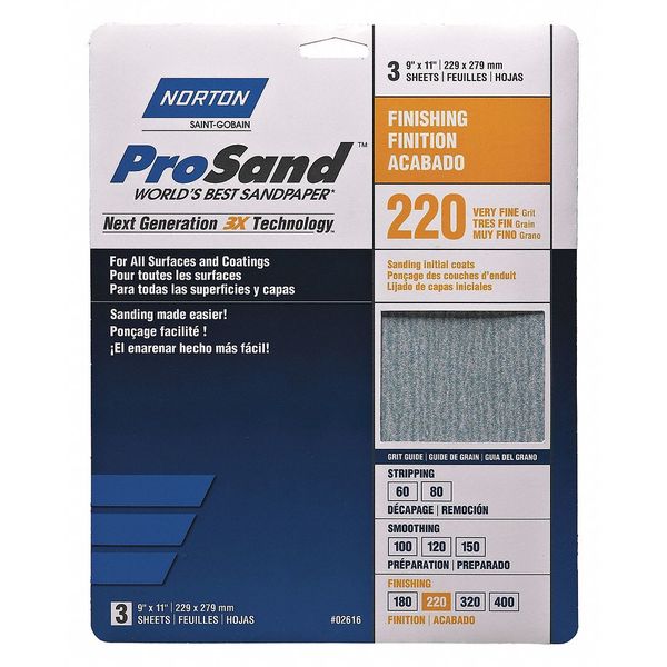 Norton Abrasives Sandpaper Sheet, Very Fine, 220 Grit, PK3 07660768158