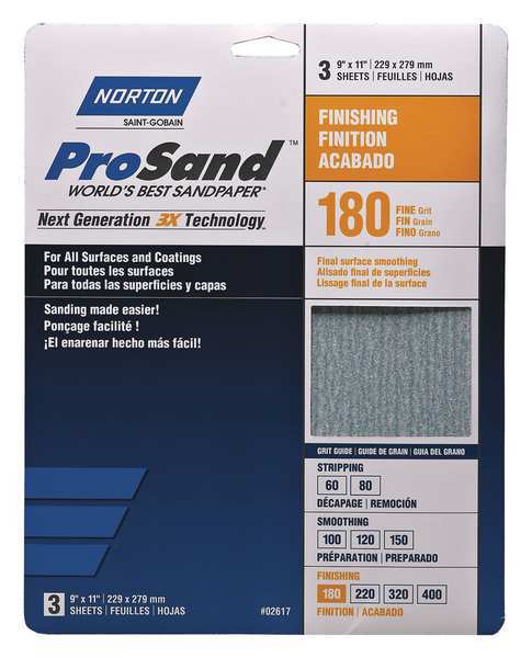 Norton Abrasives Sandpaper Sheet, Fine, 180 Grit, PK3 07660768159