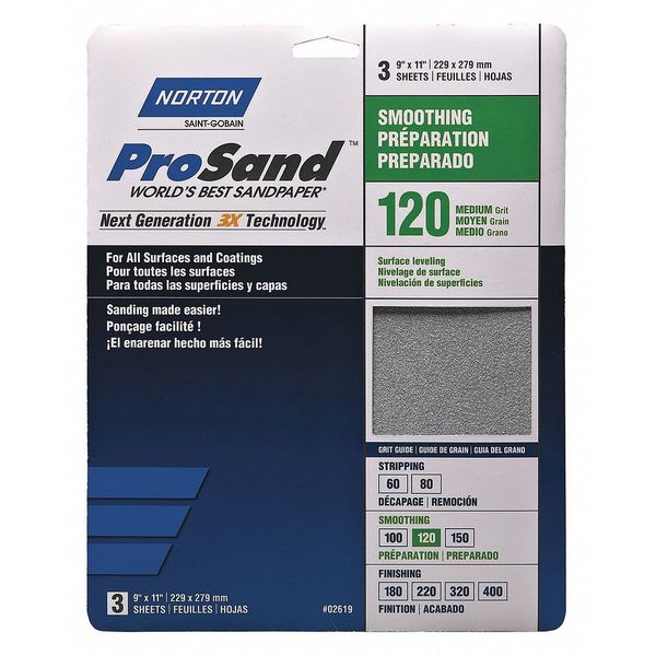 Norton Abrasives Sandpaper Sheet, Fine, 120 Grit, PK3 07660768161