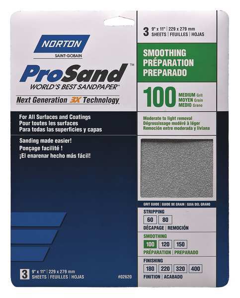Norton Abrasives Sandpaper Sheet, Fine, 100 Grit, PK3 07660768162