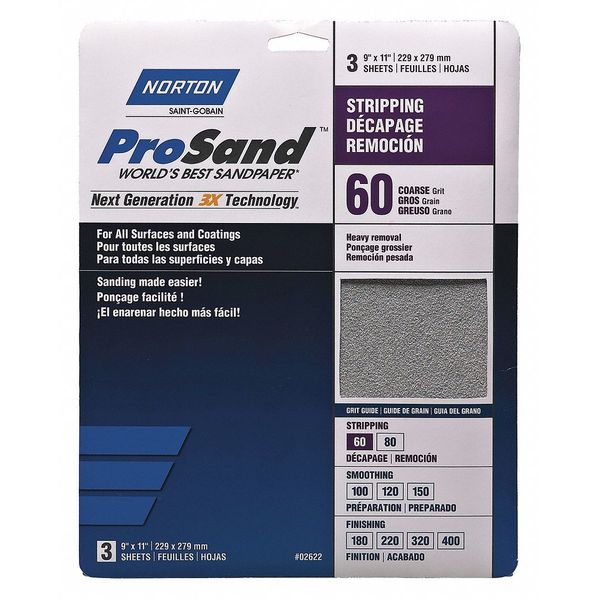 Norton Abrasives Sandpaper Sheet, Med, 60 Grit, PK3 07660768164