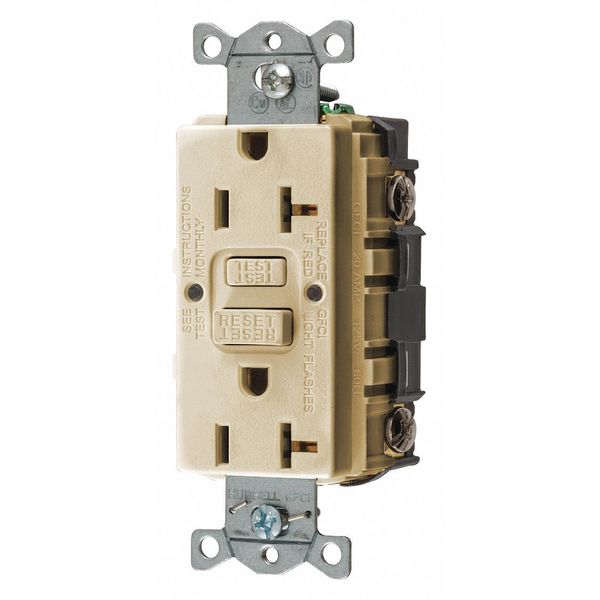 Hubbell GFCI Receptacle: Duplex, 1 Phase, NEMA 5-20R, 125V AC, 20 A, 2 Poles, Screw Terminals, Ivory GFRST20I