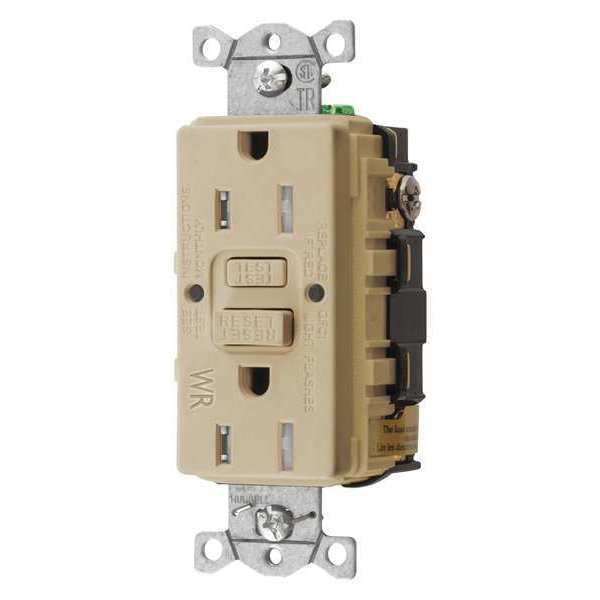 Hubbell GFCI Receptacle, 15A, 125VAC, 5-15R, Ivory GFRTW15I