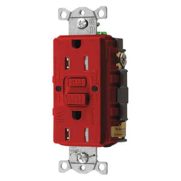Hubbell GFCI Receptacle, 15A, 125VAC, 5-15R, Red GFTWRST15R