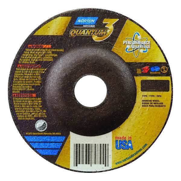 Norton Abrasives Depressed Center Wheels, Type 27, 4 in Dia, 0.25 in Thick, 3/8 in Arbor Hole Size, Ceramic 66253371180
