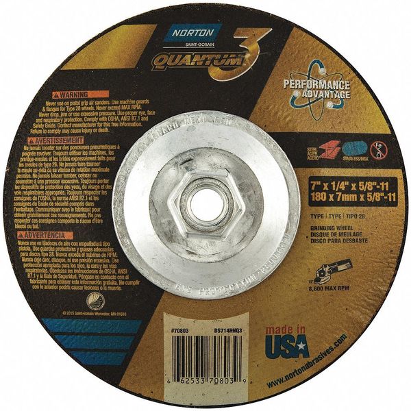 Norton Abrasives Depressed Center Wheel, 1/4" Thick, Ceramic 66253370803