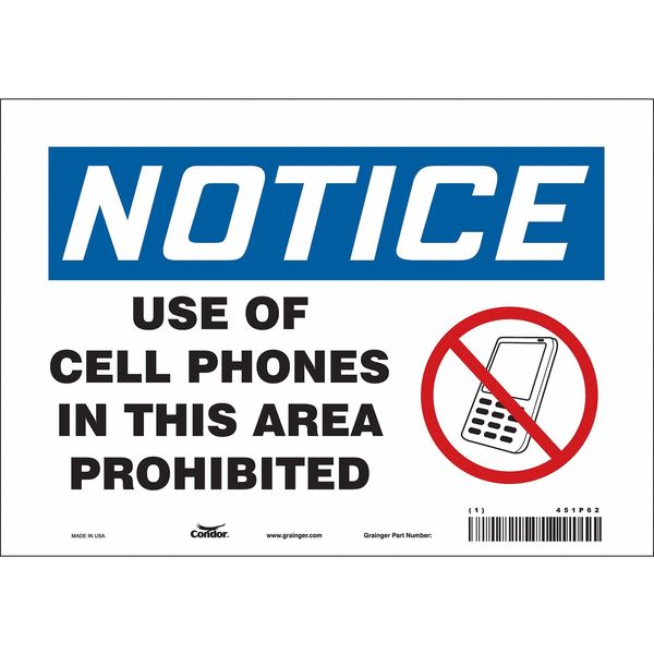 Condor Safety Sign Cell Phone, 7 in H, 10 in W, Vinyl, Vertical Rectangle, English, 451P62 451P62