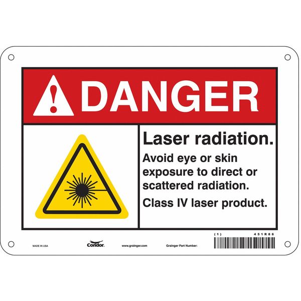 Condor Laser Warning Sign, 7 in H, 10 in W, Aluminum, Vertical Rectangle, 451R86 451R86