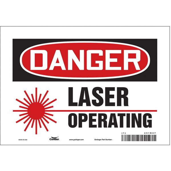 Condor Laser Warning Sign, 7 in H, 10 in W, Vinyl, Vertical Rectangle, 451R27 451R27