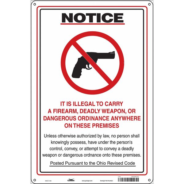 Condor No Concealed Weapons Sign, 18 in H, 12 in W, Polyethylene, Vertical Rectangle, English, 453U15 453U15