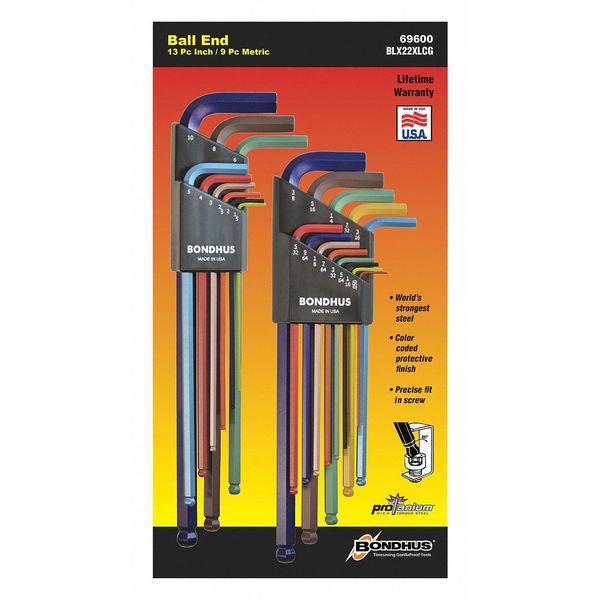 Bondhus 22-Piece Hex Key Set, Metric/SAE L-Shape, Steel, Color Coded, Plastic Holder 69600