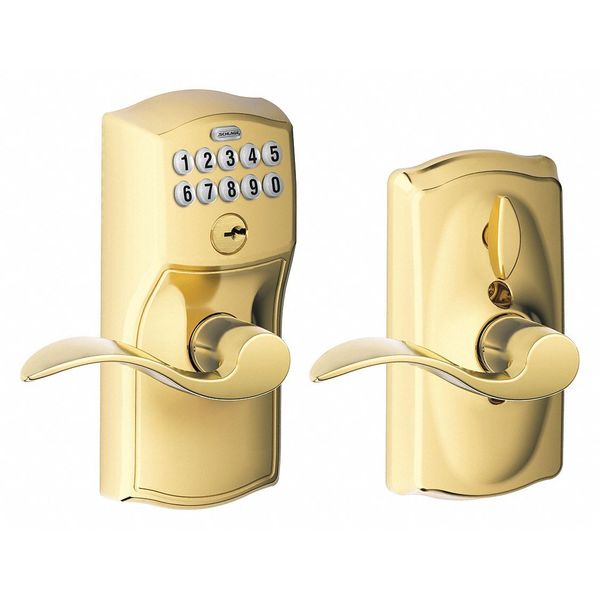 Schlage Residential Electronic Lock, Lever, Bright Brass FE595 CAM505ACC