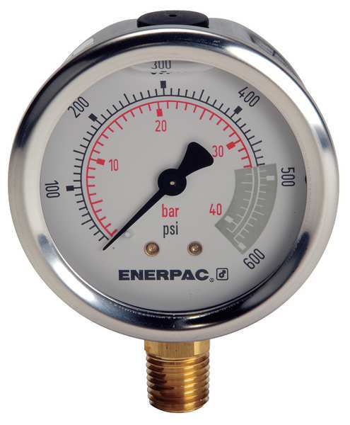 Enerpac Pressure Gauge, 0 to 600 psi, 1/4 in NPTF, Stainless Steel, Silver G2513L