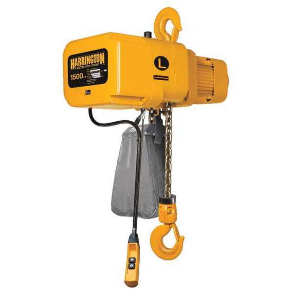 Harrington Electric Chain Hoist, 1,500 lb, 10 ft, Hook Mounted - No Trolley, 230/460, Yellow NER008L-10