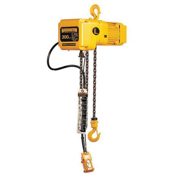 Harrington Electric Chain Hoist, 300 lb, 10 ft, Hook Mounted - No Trolley, Yellow SNER000300S-10/115v