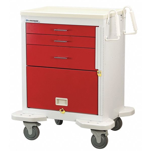 Lakeside Medical Cart, 3 Drawers w/12" Panel, Breakaway Lock, Red Cabinet C-324-P2B-2R