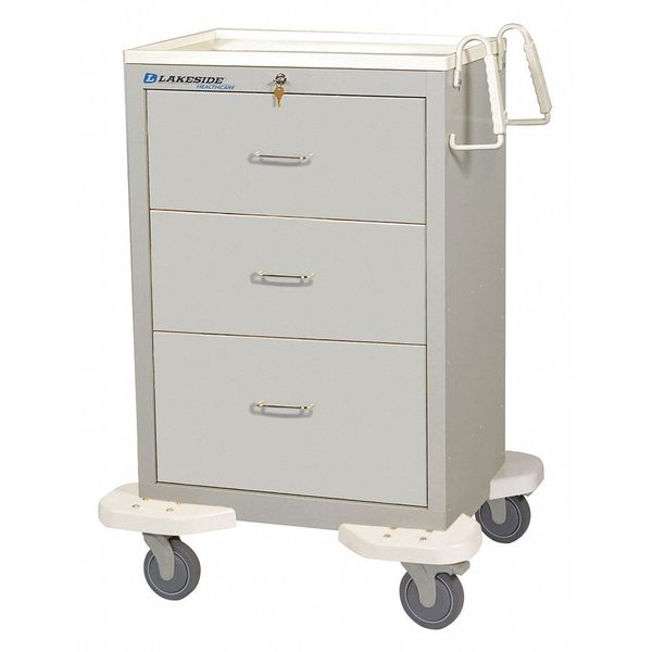 Lakeside Medical Cart, 3 Drawers w/Key Lock-Gray Cabinet C-330-K-1G