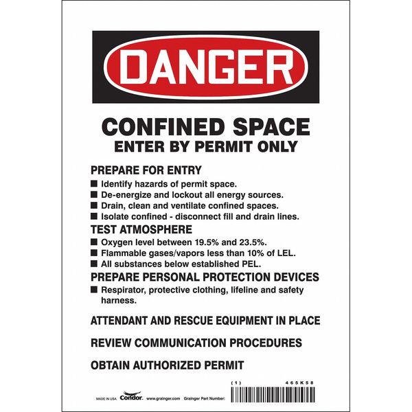 Condor Safety Sign, 10 in Height, 7 in Width, Vinyl, Horizontal Rectangle, English, 465K58 465K58