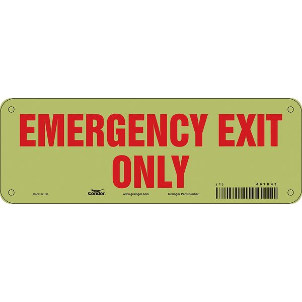 Condor Emergency Exit Sign, English, 10" W, 3-1/2" H, Plastic, White 467R43