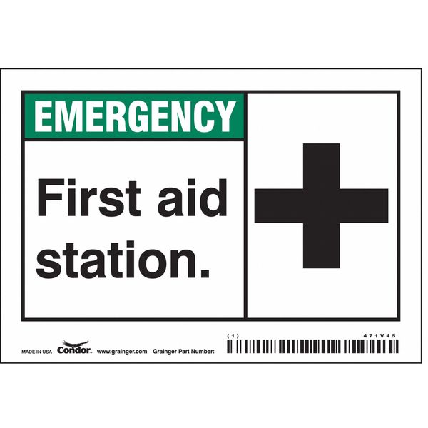 Condor First Aid Sign, 5"Wx3-1/2"H, 0.004" Thick, 471V45 471V45