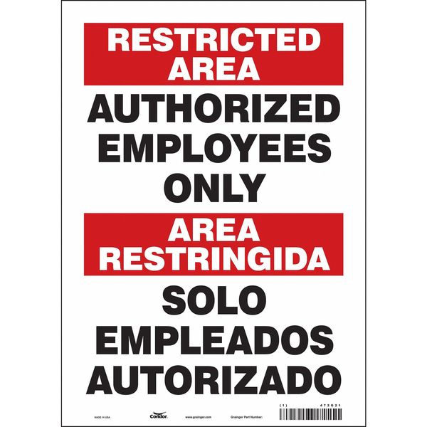 Condor Safety Sign, 14 in Height, 10 in Width, Vinyl, Vertical Rectangle, English, Spanish, 472G21 472G21