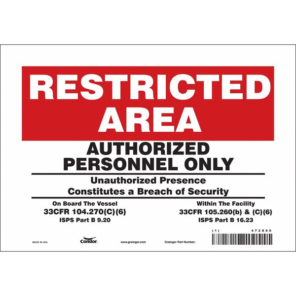 Condor Safety Sign, 7 in Height, 10 in Width, Vinyl, Vertical Rectangle, English, 472X80 472X80