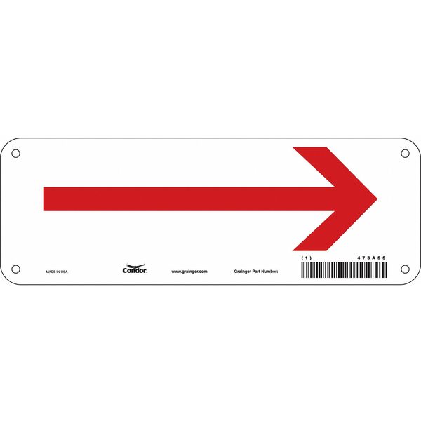 Condor Directional Arrow Sign, No Text, 10" W, 3-1/2" H, Aluminum, White 473A55