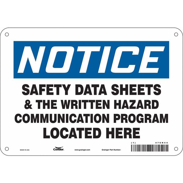 Condor Safety Sign, 7 in Height, 10 in Width, Polyethylene, Vertical Rectangle, English, 476H44 476H44