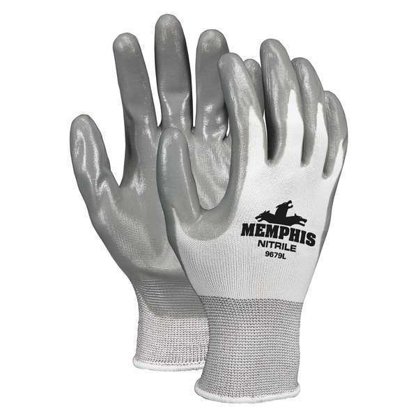 Mcr Safety Nitrile Coated Gloves, Palm Coverage, White/Gray, L, PR 9679L