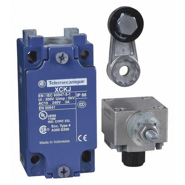 Telemecanique Sensors Limit Switch, Roller Lever, Rotary, 1NC/1NO, 10A @ 240V AC, Actuator Location: Side XCKJ10511