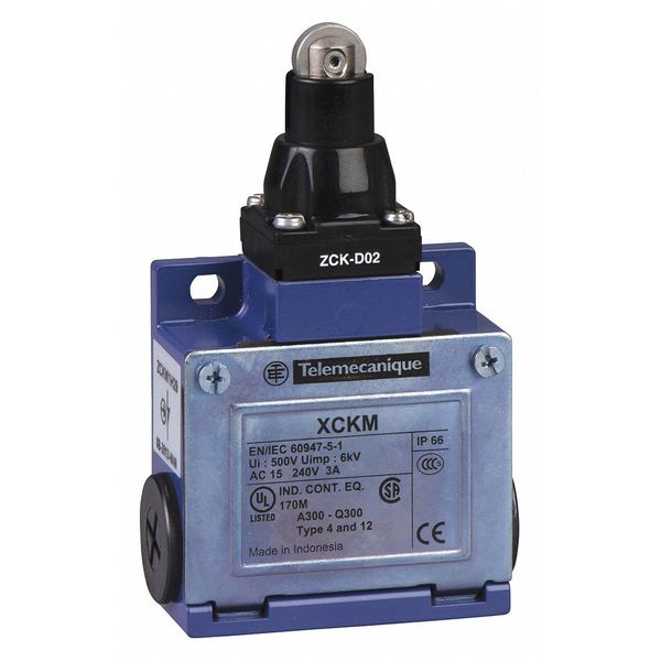 Telemecanique Sensors Limit Switch, Plunger, Roller, 1NC/1NO, 10A @ 240V AC, Actuator Location: Top XCKM102
