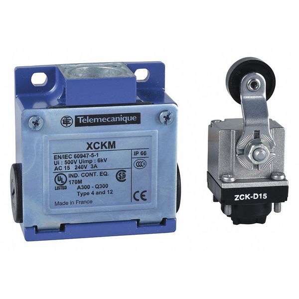 Telemecanique Sensors Limit Switch, Roller Lever, Rotary, 1NC/1NO, 10A @ 240V AC, Actuator Location: Side XCKM115